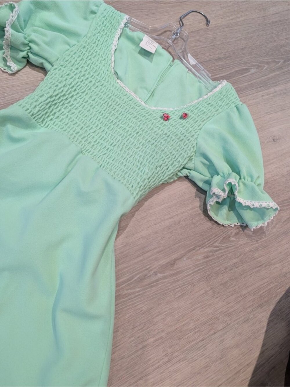 Vintage Mint Green Smocked Maxi Dress with Puff Sleeves - Picture 3 of 10